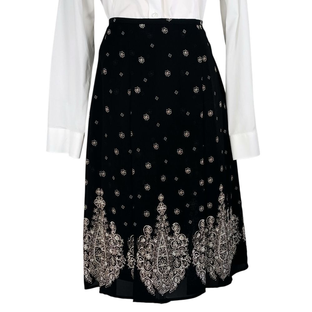 JONES WEAR Midi Skirt Box Pleats Lined Sheer Black White Print Petite Size 4